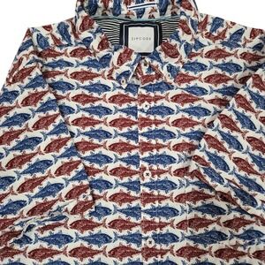 Zipcode Fish Print Men's XL Short‎ Sleeve Button Up Shirt Blue Red White Cotton